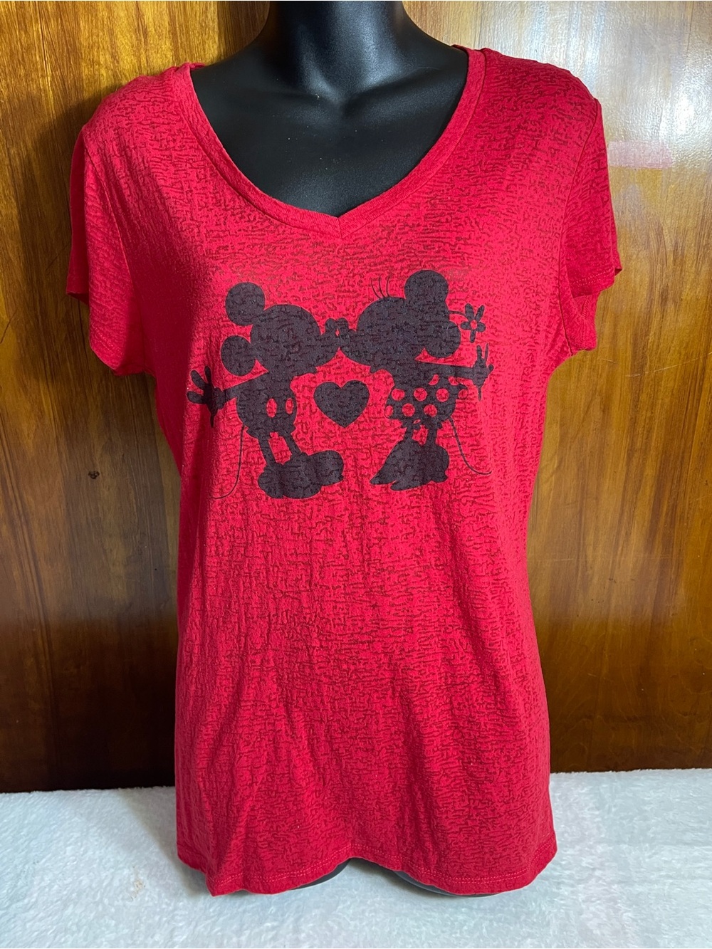Disney Red Short Sleeve Tee with Black Mickey & Minnie Kiss Graphic